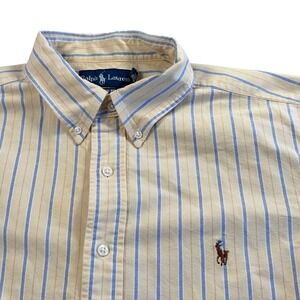 Ralph Lauren Button Shirt XL Classic Fit Yellow Blue Striped Short Sleeve Preppy